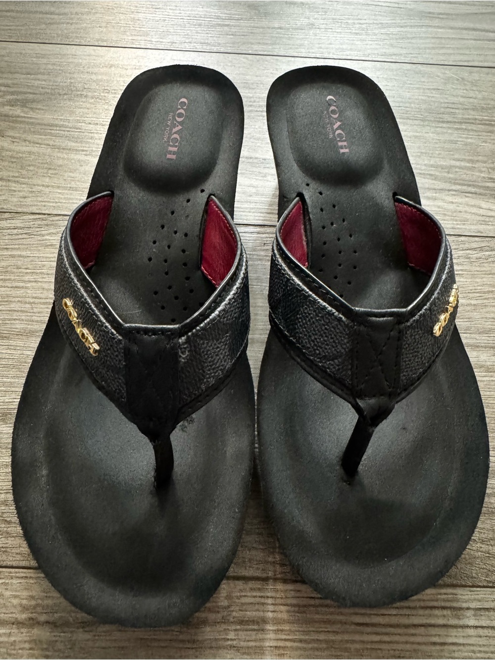 Coach Black Leather Women’s Flip-Flop Sandals with Gold Logo